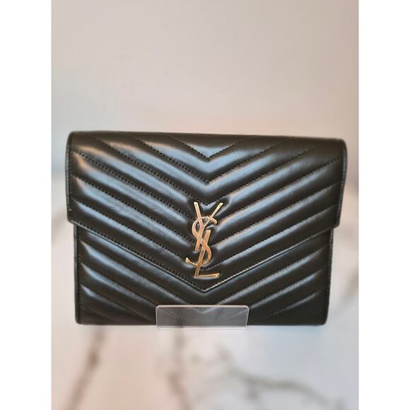 Saint Laurent Dark Olive Monogram Clutch Chevron Quilted Leather | Gold Hardware - Picture 1 of 8